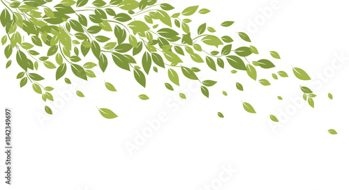 An elegant background of lush green tree branches with leaves gracefully falling and blowing in the wind, with copy space below.