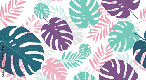 A vibrant and seamless tropical pattern with colorful monstera and palm leaves overlapping on a clean white background.