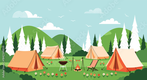A vibrant flat design illustration of a summer campsite with tents, a campfire, and a barbecue in a beautiful mountain forest.