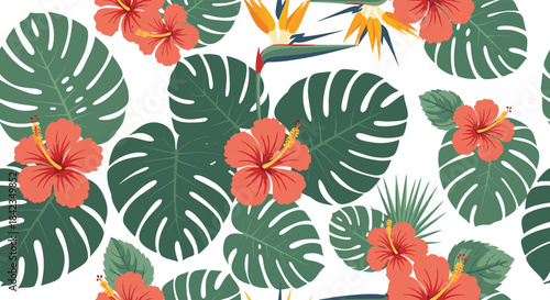 A beautiful seamless tropical pattern featuring lush green monstera leaves, red hibiscus flowers, and exotic bird of paradise flowers.