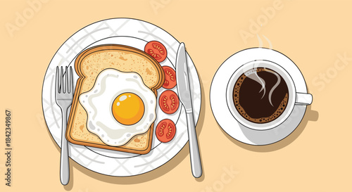 A classic breakfast illustration from a top-down perspective, showing a fried egg on toast, cherry tomatoes, and a hot coffee.