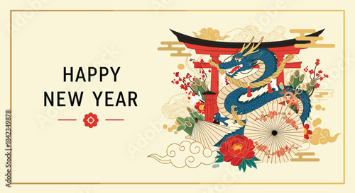 A traditional Japanese New Year's card design featuring a powerful blue dragon, a torii gate, and festive floral decorations.