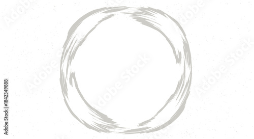 Minimalist gray enso circle hand-drawn with a brush on a textured white background representing zen, simplicity, and enlightenment.