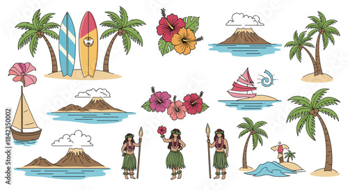 Collection of colorful Hawaiian and tropical icons in a line art style, including hula dancers, volcanoes, and palm trees.