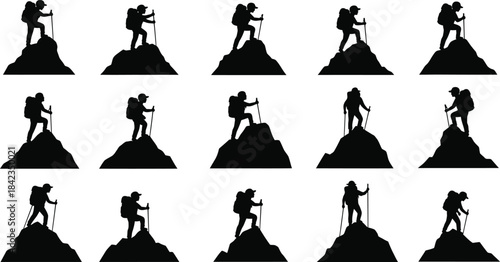 Collection of hiker silhouettes isolated on transparent background