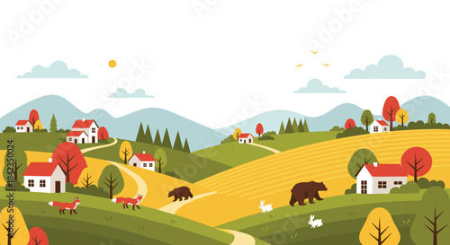 Colorful autumn countryside scene with rolling hills, quaint houses, and wild animals like bears, foxes, and rabbits enjoying nature.