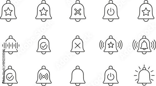 A comprehensive vector icon set featuring line art of notification bells with star, power, and check symbols, perfect for web application alerts, reminders, and UI design elements