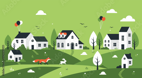 Whimsical village landscape with charming houses on rolling green hills, featuring a fox, rabbit, and balloons for a playful scene.