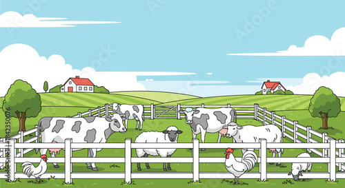 Idyllic cartoon farm landscape with cute cows, sheep, and chickens in a pasture against a backdrop of green fields and blue sky.