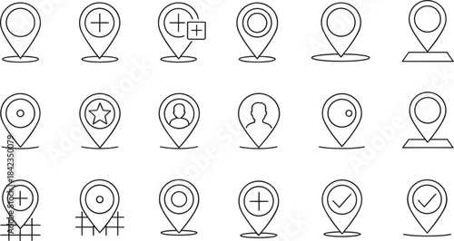 A robust vector icon set featuring fifteen line-style map pins and location pointers with various symbols, perfect for navigation apps, travel websites, and geographical design elements