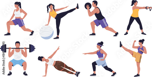 Fitness workout exercise illustration set featuring men and women doing strength training, stretching, cardio, and functional fitness movements