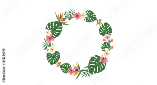 Beautiful circular wreath frame made of tropical monstera leaves, palm fronds, and exotic flowers isolated on a white background.