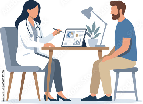 Medical consultation illustration showing doctor discussing health data with patient, modern healthcare appointment concept for clinic, wellness, and diagnostic services