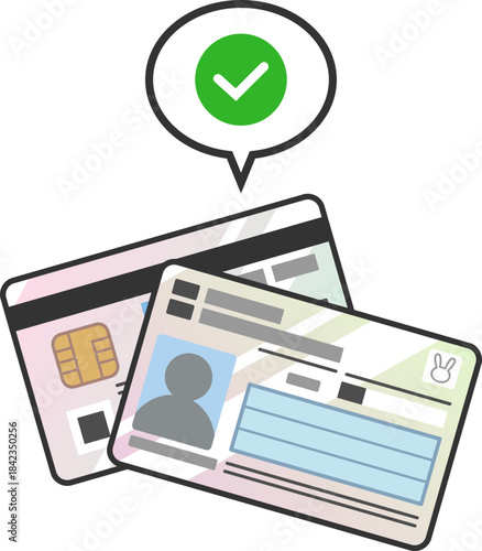 本人確認成功・認証済みチェックマークがついたマイナンバーカードアイコン　マイナ保険証両面ベクター素材