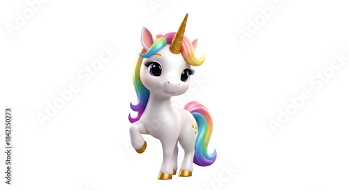 Cute cartoon baby unicorn with rainbow mane and tail, standing, 3d render isolated on transparent background