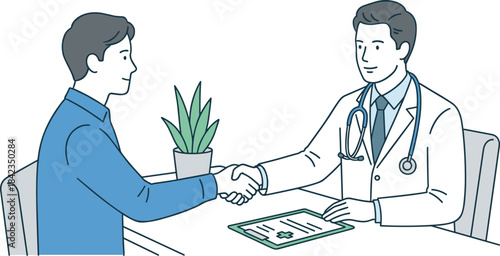 Handshake between doctor and businessperson, medical agreement or consultation concept, professional collaboration, healthcare partnership illustration