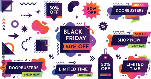 Vibrant Black Friday sale banner with bold 50% OFF text, abstract shapes, colorful tags, limited time shopping promotion