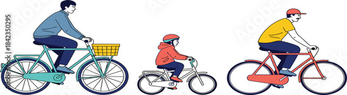 Family riding bicycles together outdoors, father and child cycling activity illustration showing healthy lifestyle and outdoor recreation