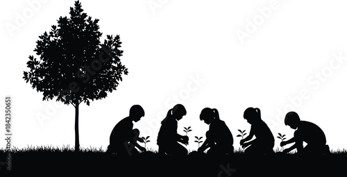 Evolution of man silhouettes walking under a tree isolated on transparent background