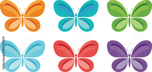 A delightful vector set of six colorful flat-style butterflies in vibrant orange, green, blue, and purple hues, representing spring, freedom, and beautiful natural insect wildlife