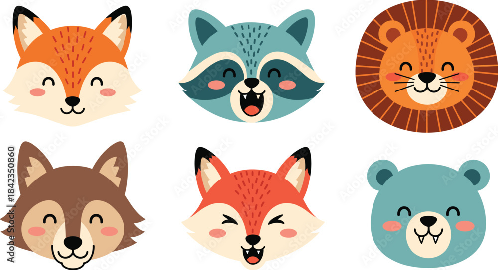 Fototapeta premium A cute vector set featuring six cartoon faces of happy forest animals, including a fox, raccoon, lion, and bear, perfect for children's design, educational material, and wildlife concepts