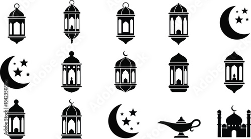 Ramadan kareem silhouette icons isolated on transparent background