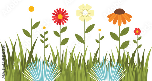 A vibrant vector illustration featuring a border of lush green grass, blue ornamental bushes, and colorful flat-style flowers, perfect for summer, spring, nature, and organic gardening backgrounds