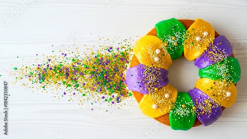 Mardi gras king cake donut with glitter on wooden table in celebration