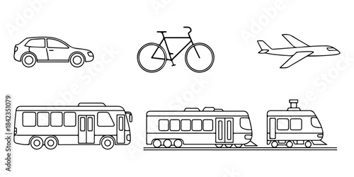 Vector outline icons of car, bike, plane, bus, tram, train. Clean line art transport set, isolated on a transparent background for versatile digital and print design