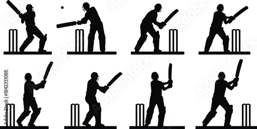 Silhouette of a cricket player in various batting poses isolated on transparent background