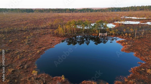 Drone footage of Kuresoo bog with wooden footbridge in Soomaa National Park, Estonia, during spring