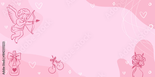 Hand drawn background coquette aesthetics elements. Vintage cute symbols with ribbon and bow in simple crayon style. Trendy art for Valentine's day background.