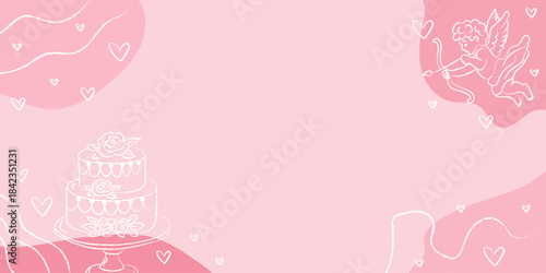 Hand drawn background coquette aesthetics elements. Vintage cute symbols with ribbon and bow in simple crayon style. Trendy art for Valentine's day background.