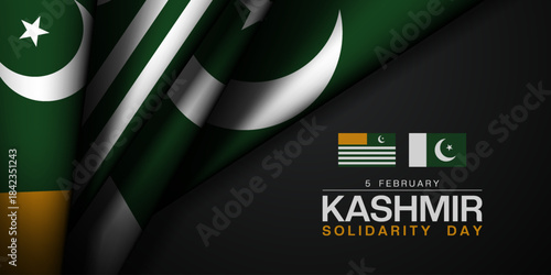 5 February Is Kashmir Solidarity Day. Pakistan flag. Great for cards, banners, posters, social media and more. Black background. 