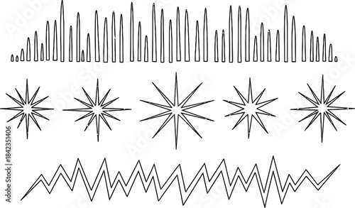 Silhouette graphics isolated on transparent background featuring various signal and starburst designs
