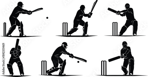 Silhouette of cricket player in various batting positions isolated on transparent background