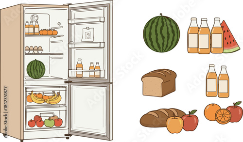 Refrigerator with assorted food items including fruits, bread, drinks, and vegetables for kitchen, grocery, and household illustrations