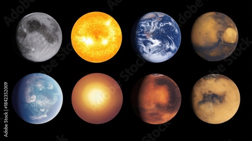 A detailed representation of the solar system featuring eight celestial bodies including the Moon, Sun, Earth, Mars,