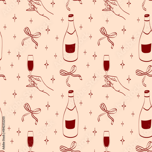 Design featuring hands holding wine glasses and bottles with ribbons on a light background