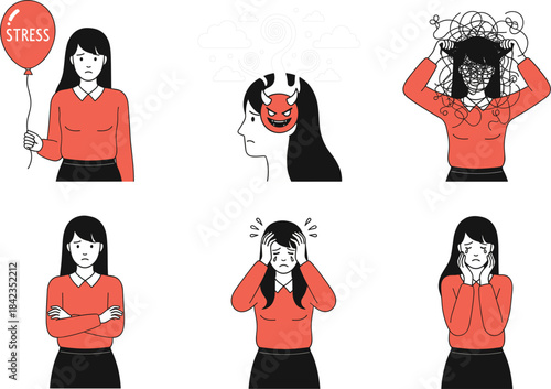 Stressed and anxious woman illustrations showing frustration, worry, overwhelm, mental pressure, and emotional struggle for psychology designs