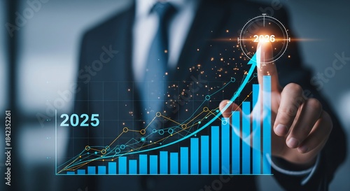 Hand Touching Glowing 2026 Point with Holographic Blue Bar Chart and Upward Arrow — Business Growth