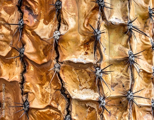 Close-up of a textured, aged cactus skin with sharp, black spines
