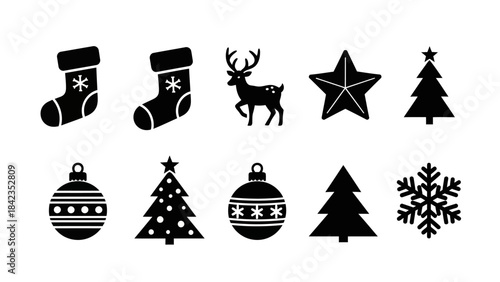 Christmas and winter holiday icons set collection of festive symbols black silhouettes