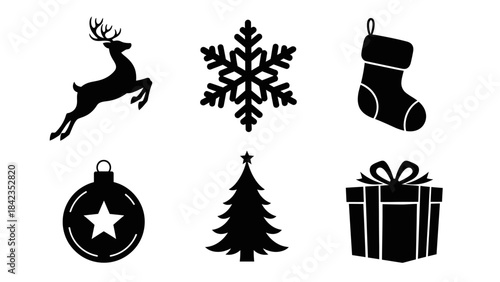Christmas icons set with reindeer snowflake stocking ornament tree and gift box
