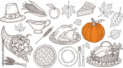 Thanksgiving harvest illustration set featuring turkey, pumpkin, pie, cornucopia, autumn leaves, corn, apples, tableware, and holiday food elements