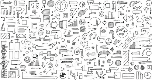 Hand-drawn doodle icon and alphabet set illustrated in a simple sketch style