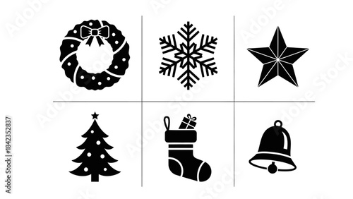 Christmas icons set with wreath snowflake star tree stocking and bell solid style