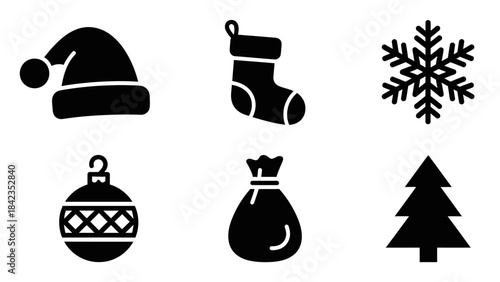 Christmas icons set with santa hat stocking snowflake ornament gift bag and tree