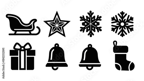 Christmas icon set with sleigh star snowflake gift box and bells solid and outline