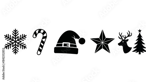 Winter christmas elements with snowflake candy cane santa hat star reindeer and fir tree